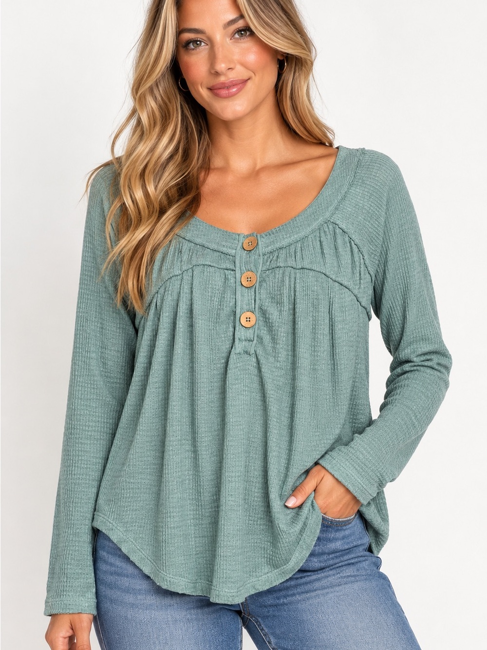 We The Free Sage Green Button-Front Waffle Top